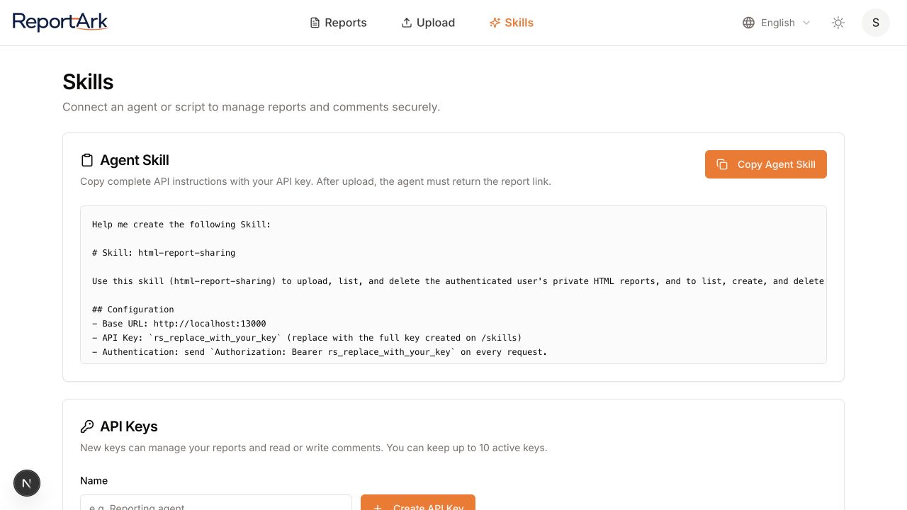 The ReportArk Skills page where the Agent Skill can be copied and configured