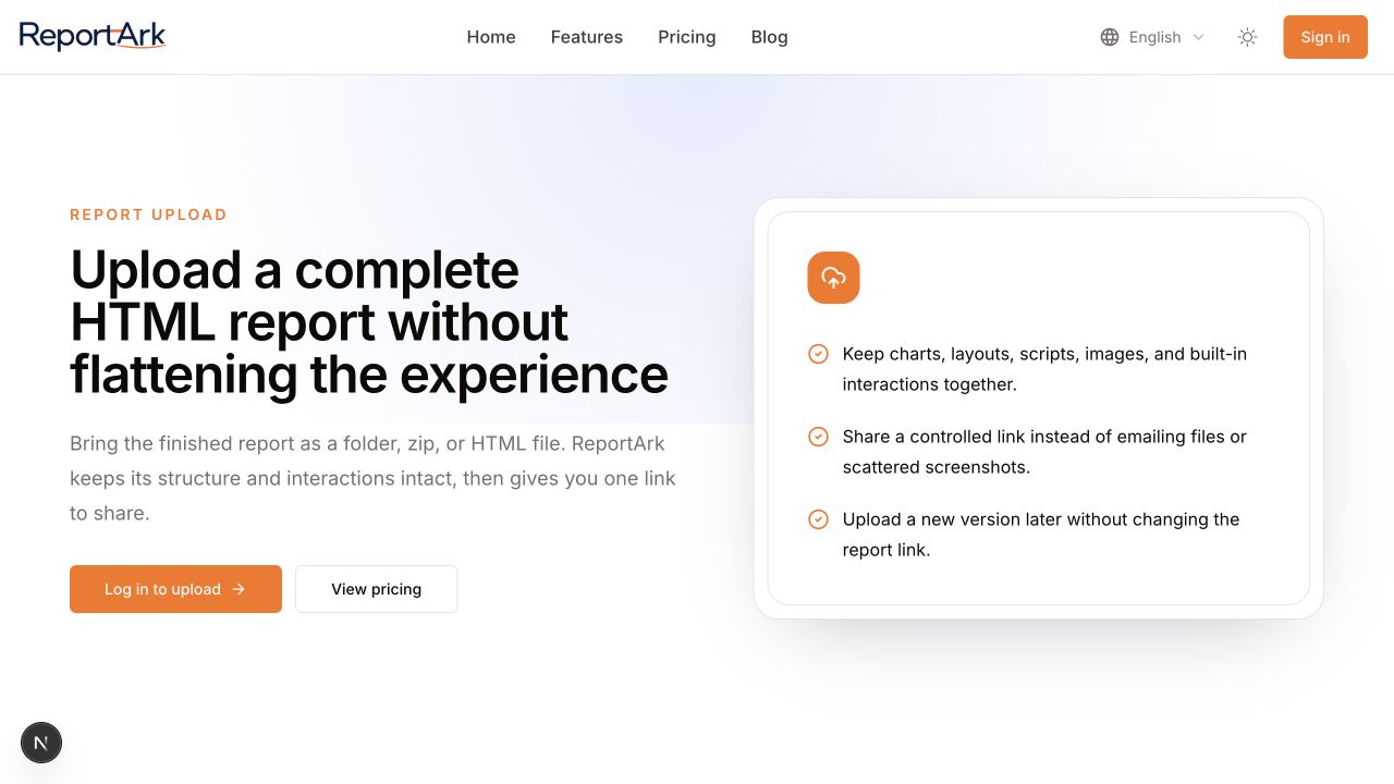 ReportArk upload page explaining folder, ZIP, and HTML report sharing